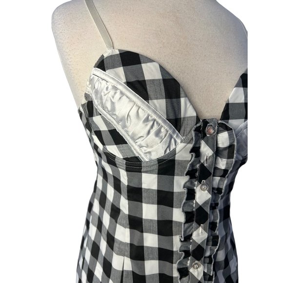 NWOT HERA Dress Large Black White Plaid Button Front Mini Stretch Ruffle - Picture 7 of 13